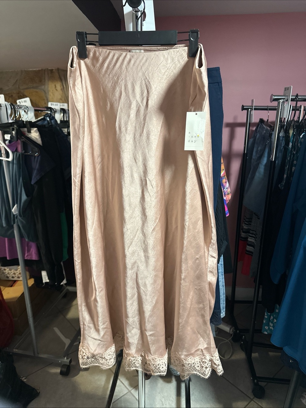 a new day Blush Pink Satin A-Line Skirt with Lace Trim